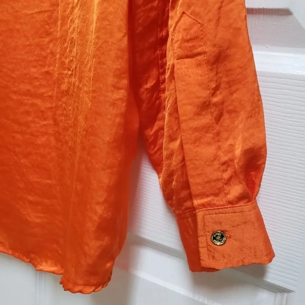 Michael Kors Button Up Roll Tab Slv Top Women Sz S Orange Crinkle Pockets Preppy